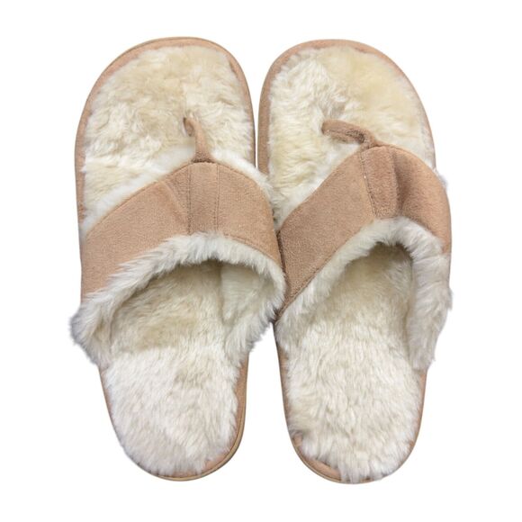 Aero Fluffy Flip Flops Soft Plush Sandals Womens M(7/8) Beige Faux Fur Slip On - Picture 1 of 3